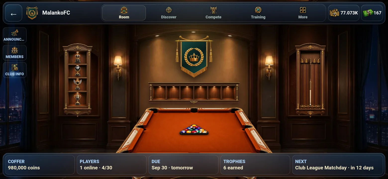 A customized 8 Ball Universe clubhouse with a pool table and club management controls