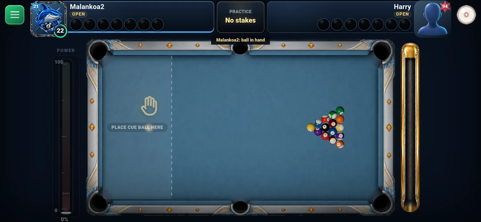 8 Ball Universe gameplay with a blue pool table, cue and shot power controls